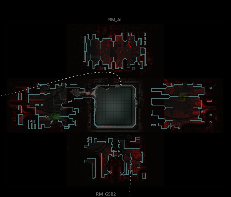 A screenshot of a fan-made game map. The rooms in the screenshot are arranged in a similar way as the last image, but with an additonal room in the center as well.