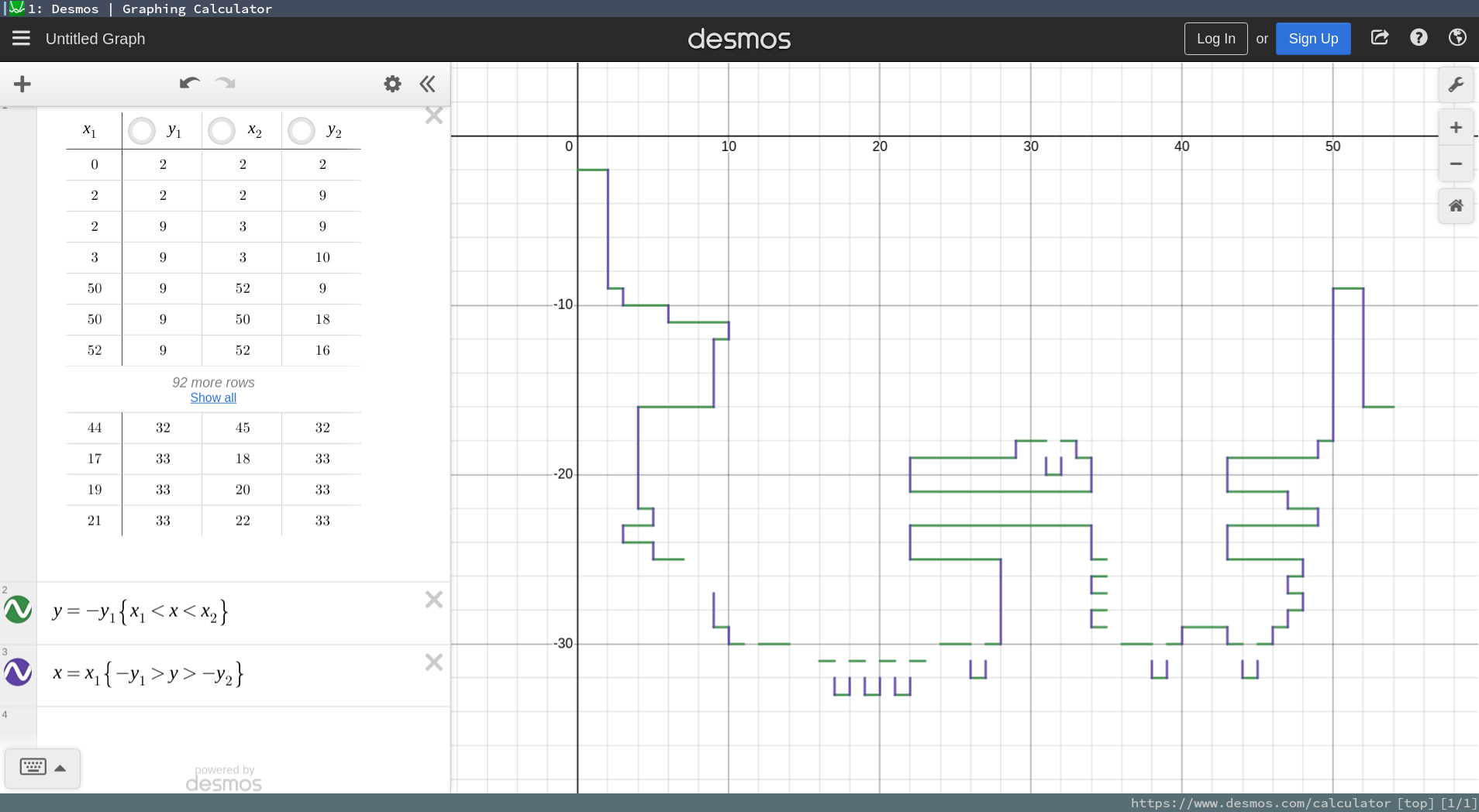 A screenshot of a Desmos graph. Data has been copy/pasted into tables, and a few short equations to render lines from them has created the outline of a room on the graph.