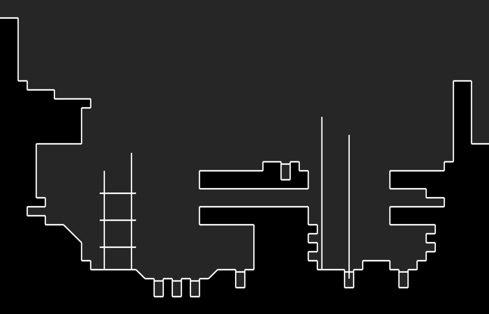 A greyscale image, with white lines drawing the outline of a room and poles.