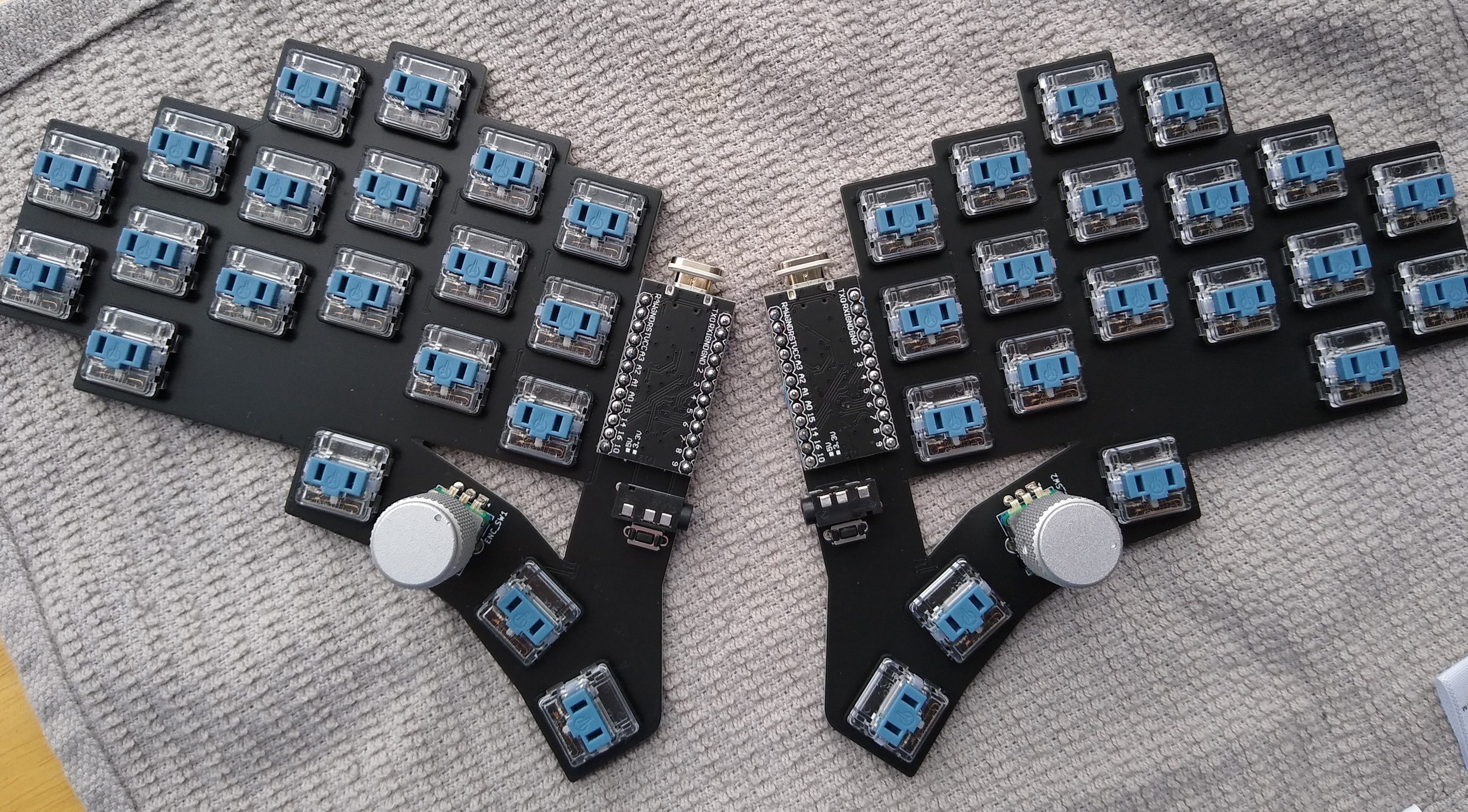 A picture of two halves of a split keyboard. Each half resembles an elephant's head viewed from the side if the trunk were curled back. They are exposed PCBs with keyswitches, a knob, a pro-micro-esque board, TRRS jack, and reset button.